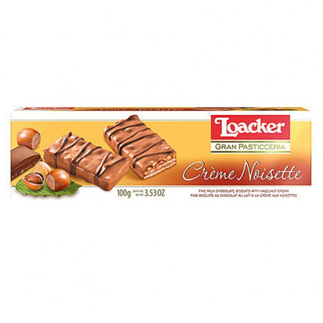 LOACKER PATISSERIE CReME NOISETTE MILK CHOCOLATE BISCUITS WITH HAZELNUT CREAM 100G